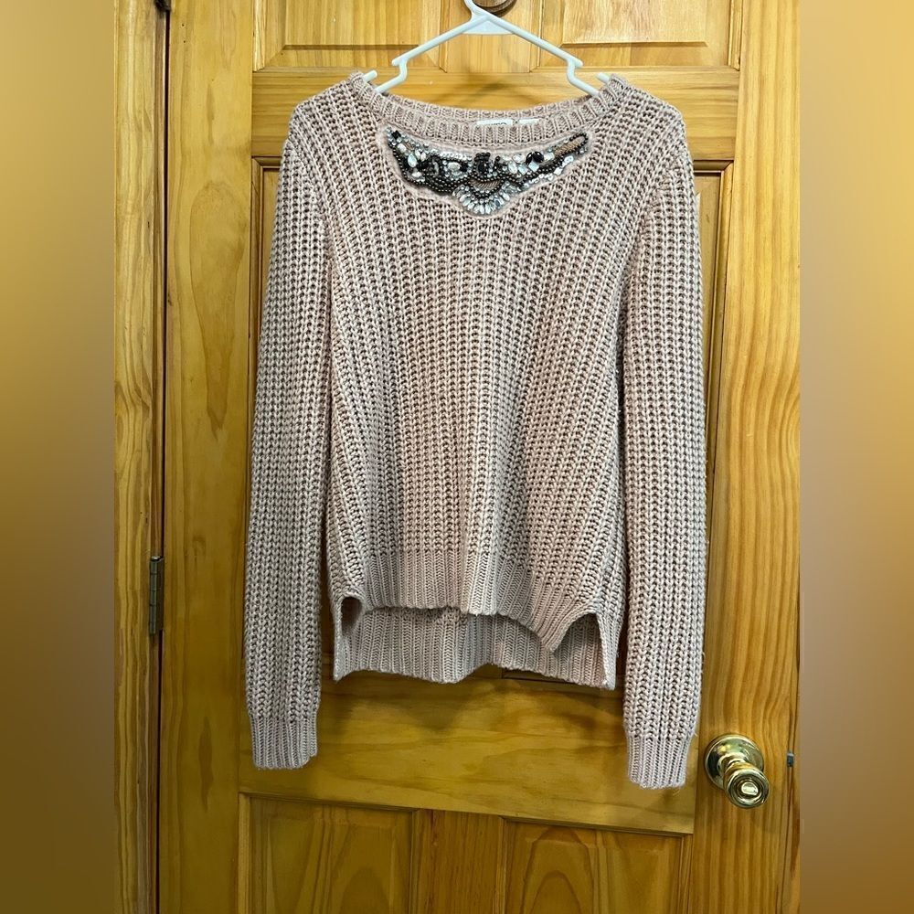 Cato blush pink open knit sequin and rhinestones embellished sweater size L